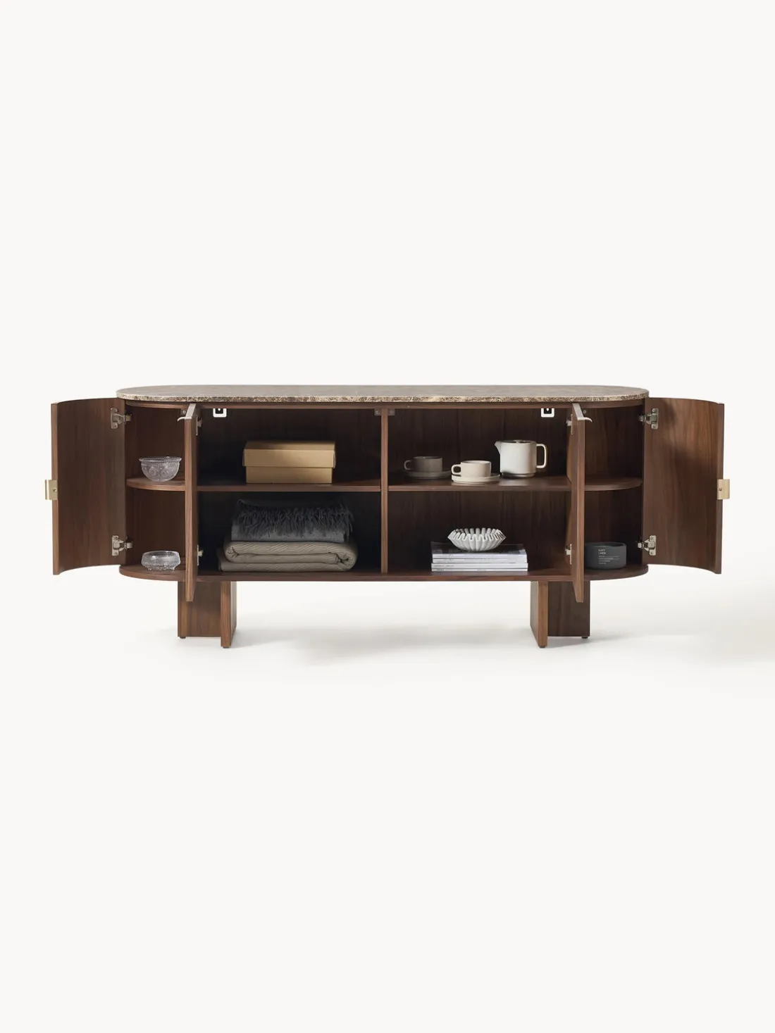 Aparador de madera con esquinas redondeadas y tablero de mármol Zumi