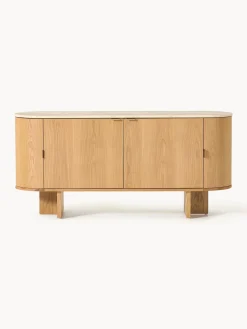 Aparador de madera con esquinas redondeadas y tablero de travertino Zumi