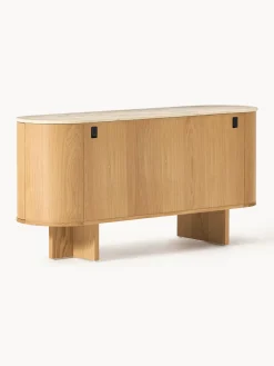 Aparador de madera con esquinas redondeadas y tablero de travertino Zumi