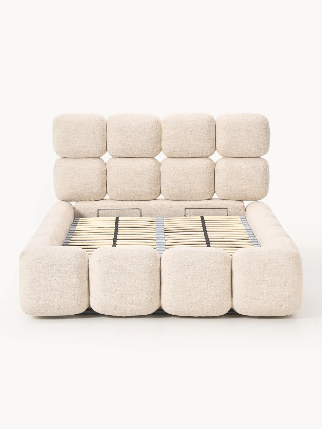 Cama individual tapizada en borreguillo bouclé con espacio de almacenamiento Tayla