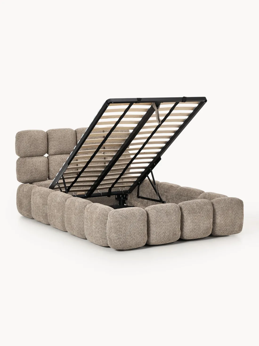 Cama individual tapizada en borreguillo bouclé con espacio de almacenamiento Tayla