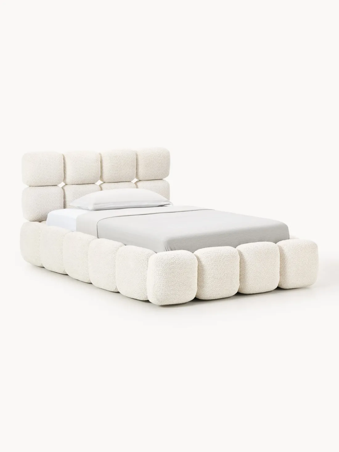 Cama individual tapizada en borreguillo bouclé con espacio de almacenamiento Tayla