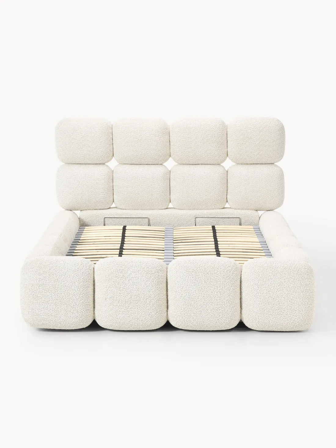 Cama individual tapizada en borreguillo bouclé con espacio de almacenamiento Tayla