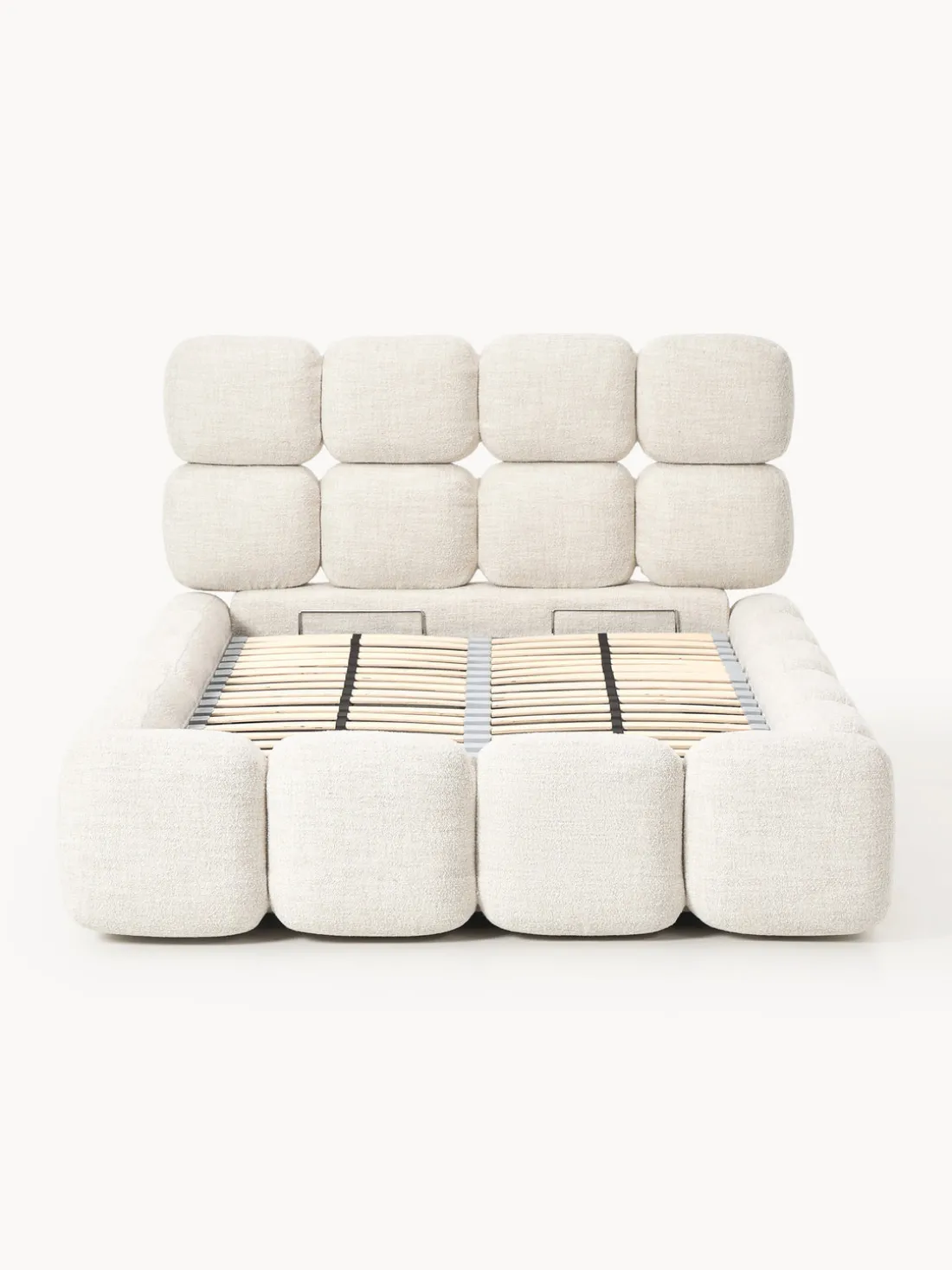 Cama individual tapizada en borreguillo bouclé con espacio de almacenamiento Tayla