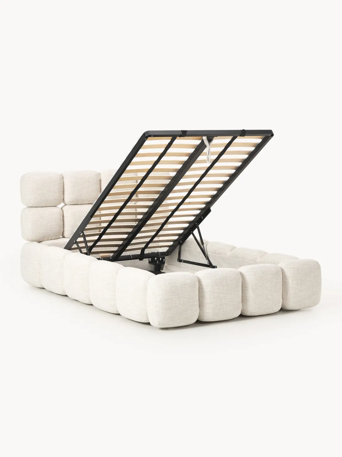 Cama individual tapizada en borreguillo bouclé con espacio de almacenamiento Tayla