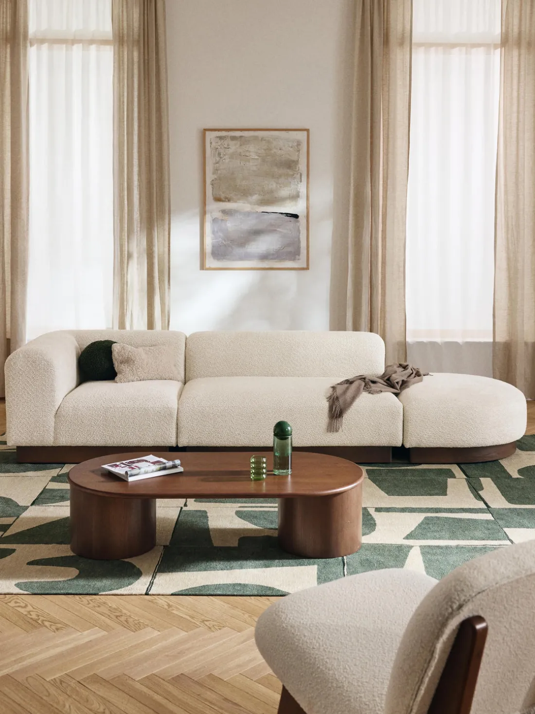 Diván modular de borreguillo bouclé con reposapiés Natalie