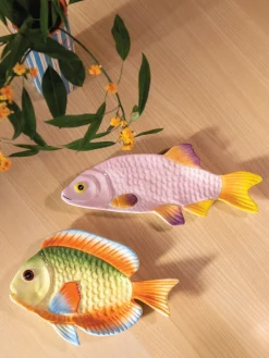 Fuente de dolomita pintada a mano Fish, 32 x 13 cm