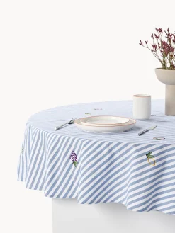 Mantel redondo a rayas con motivos bordados Melony