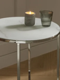 Mesa auxiliar redonda con tablero de vidrio en look mármol Antigua