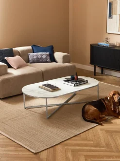 Mesa de centro ovalada con tablero de vidrio en look mármol Antigua