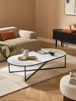 Mesa de centro ovalada con tablero de vidrio en look mármol Antigua