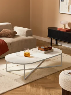 Mesa de centro ovalada con tablero de vidrio en look mármol Antigua