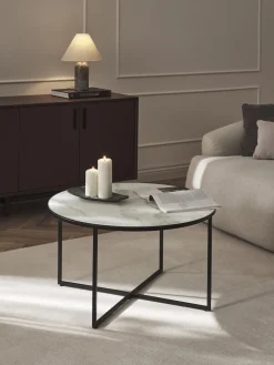 Mesa de centro redonda con tablero de vidrio en look mármol Antigua