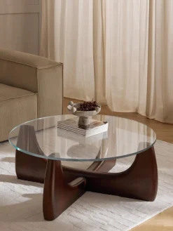 Mesa de centro redonda de madera con tablero de vidrio Miya