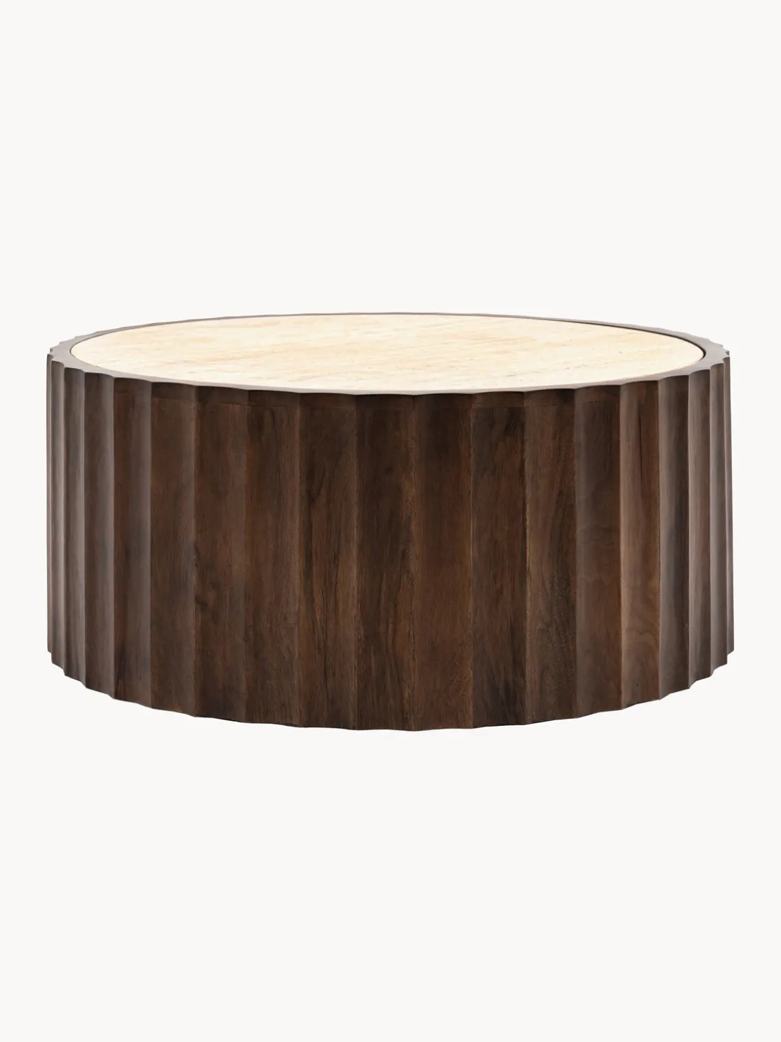 Mesa de centro redonda de madera de mango con tablero de travertino Cascia