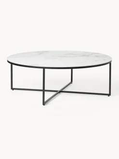 Mesa de centro redonda grande con tablero de vidrio en look mármol Antigua