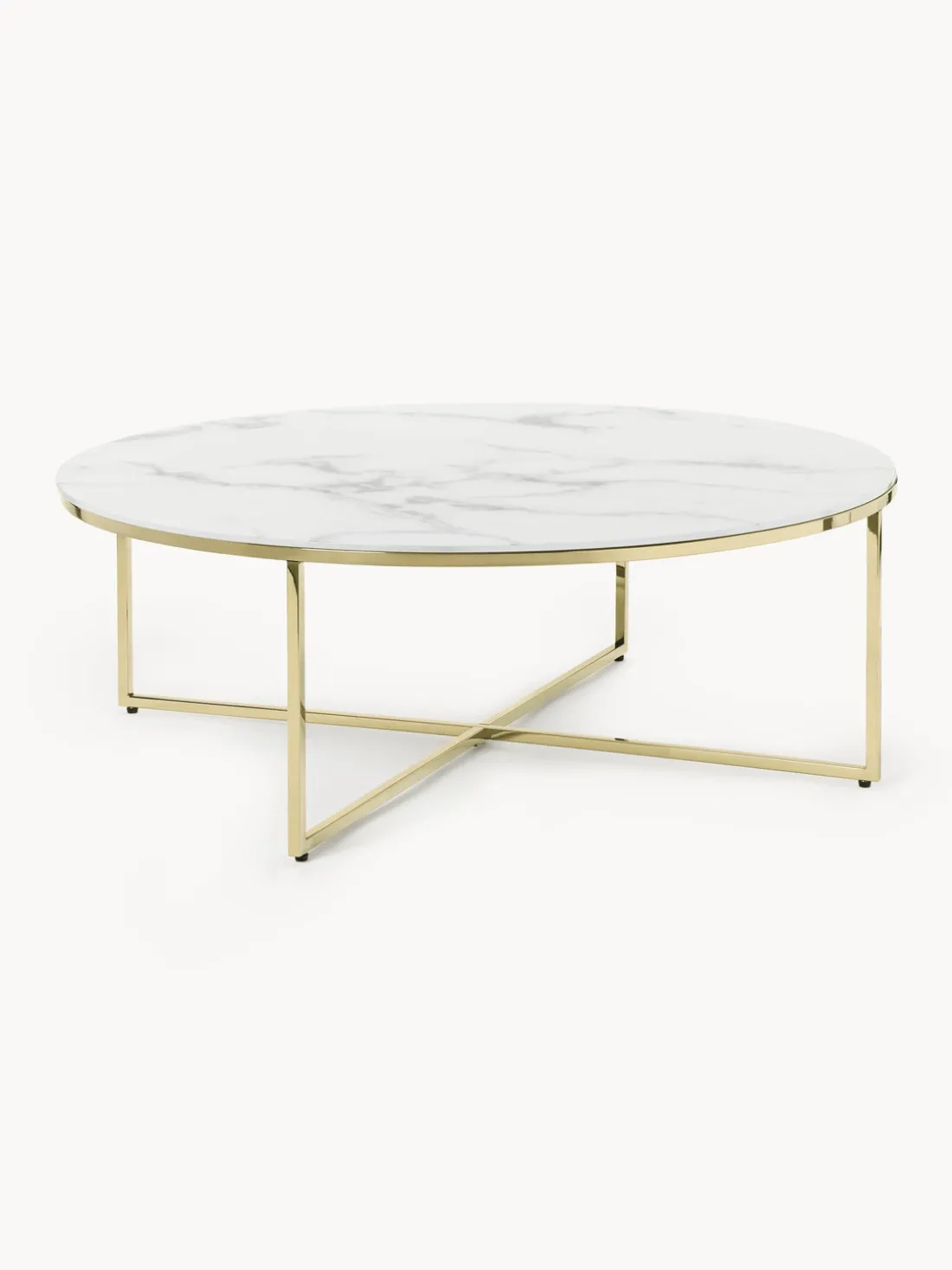 Mesa de centro redonda grande con tablero de vidrio en look mármol Antigua