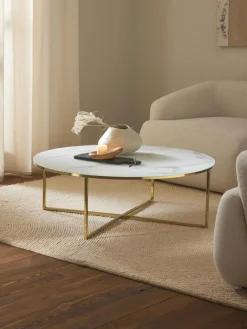 Mesa de centro redonda grande con tablero de vidrio en look mármol Antigua