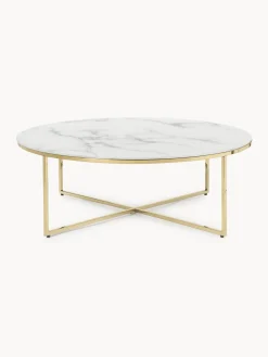 Mesa de centro redonda grande con tablero de vidrio en look mármol Antigua