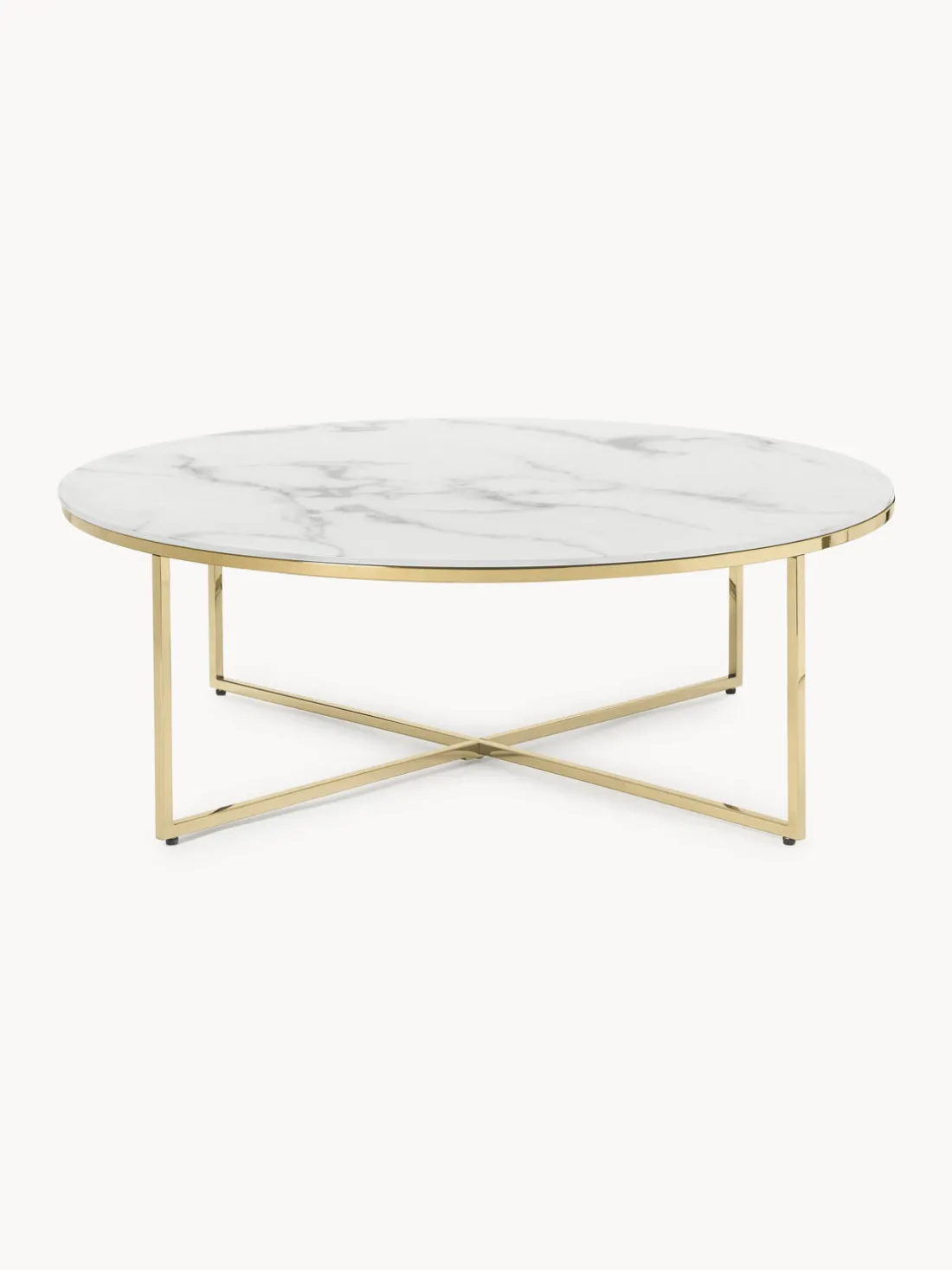 Mesa de centro redonda grande con tablero de vidrio en look mármol Antigua