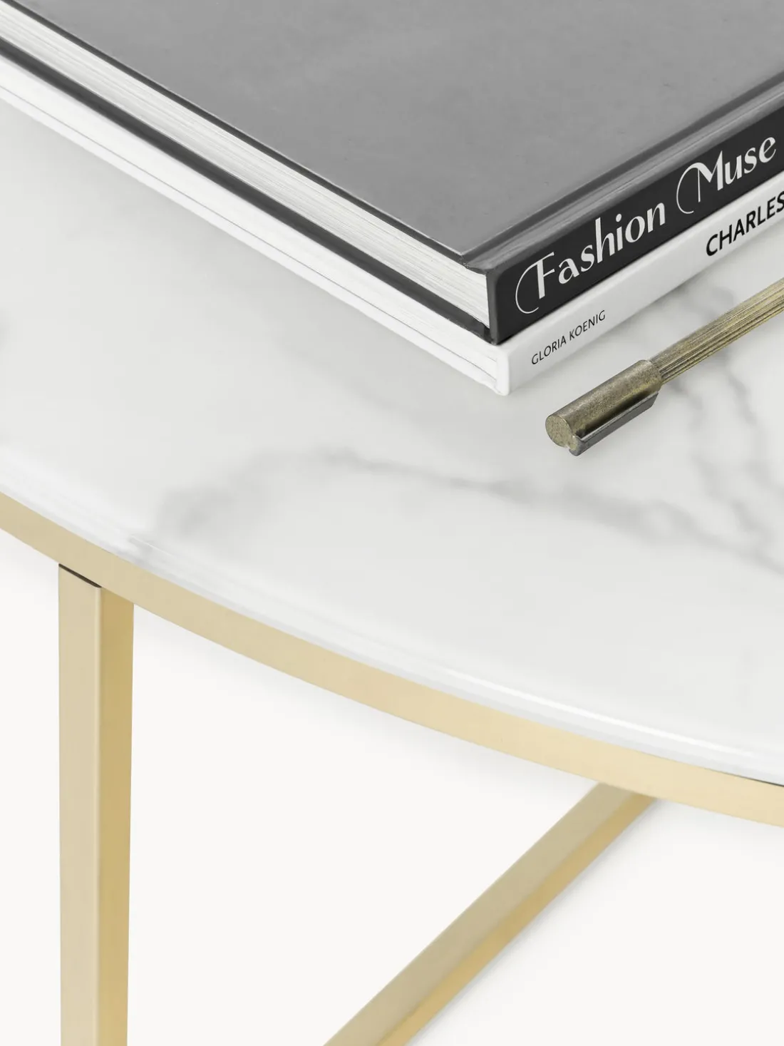 Mesa de centro redonda grande con tablero de vidrio en look mármol Antigua