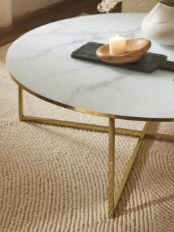 Mesa de centro redonda grande con tablero de vidrio en look mármol Antigua