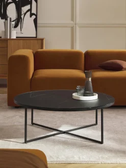 Mesa de centro redonda grande con tablero de vidrio en look mármol Antigua