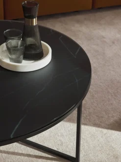 Mesa de centro redonda grande con tablero de vidrio en look mármol Antigua