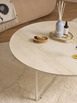 Mesa de centro redonda grande con tablero de vidrio en aspecto mármol Antigua