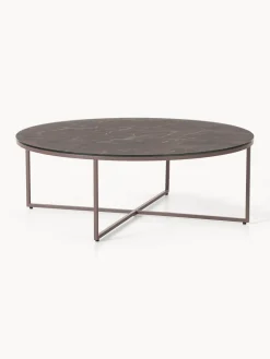 Mesa de centro redonda grande Antigua, tablero de vidrio en aspecto mármol