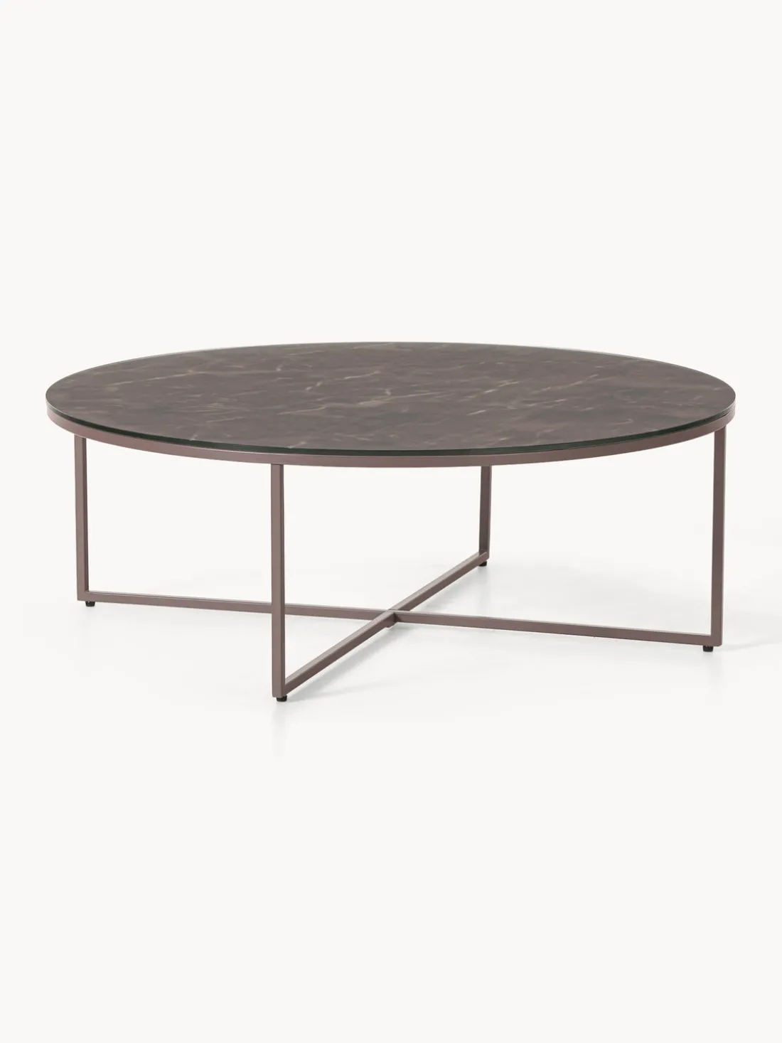 Mesa de centro redonda grande Antigua, tablero de vidrio en aspecto mármol