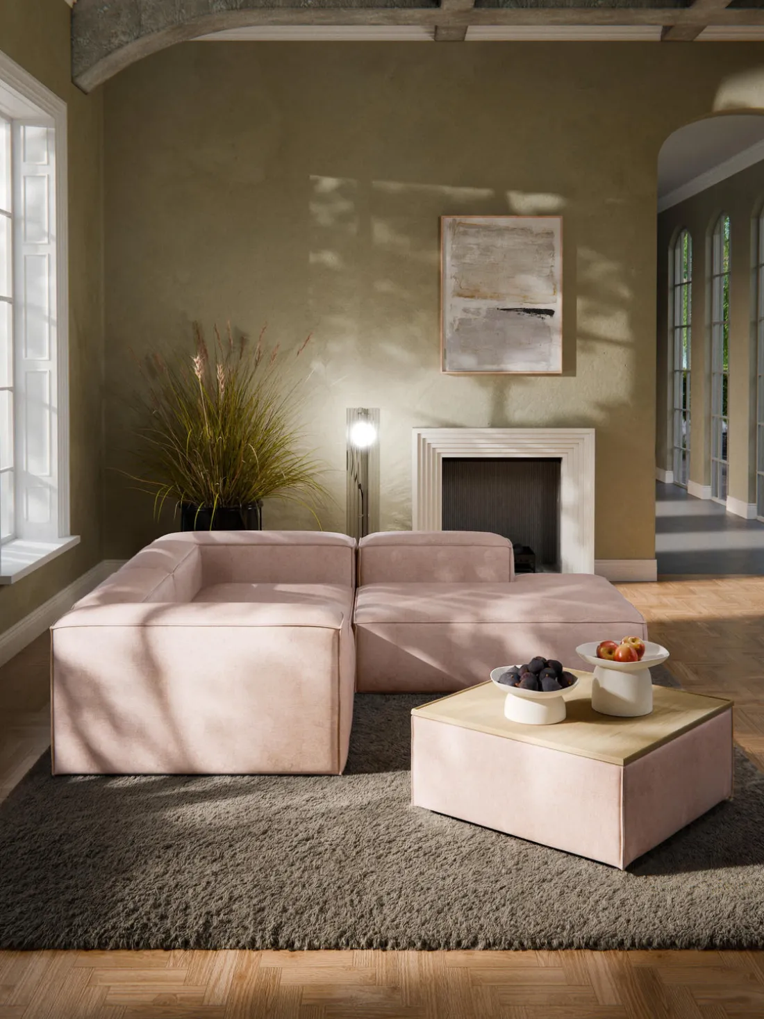 Reposapiés puf de mezcla de lino con espacio de almacenamiento Lennon