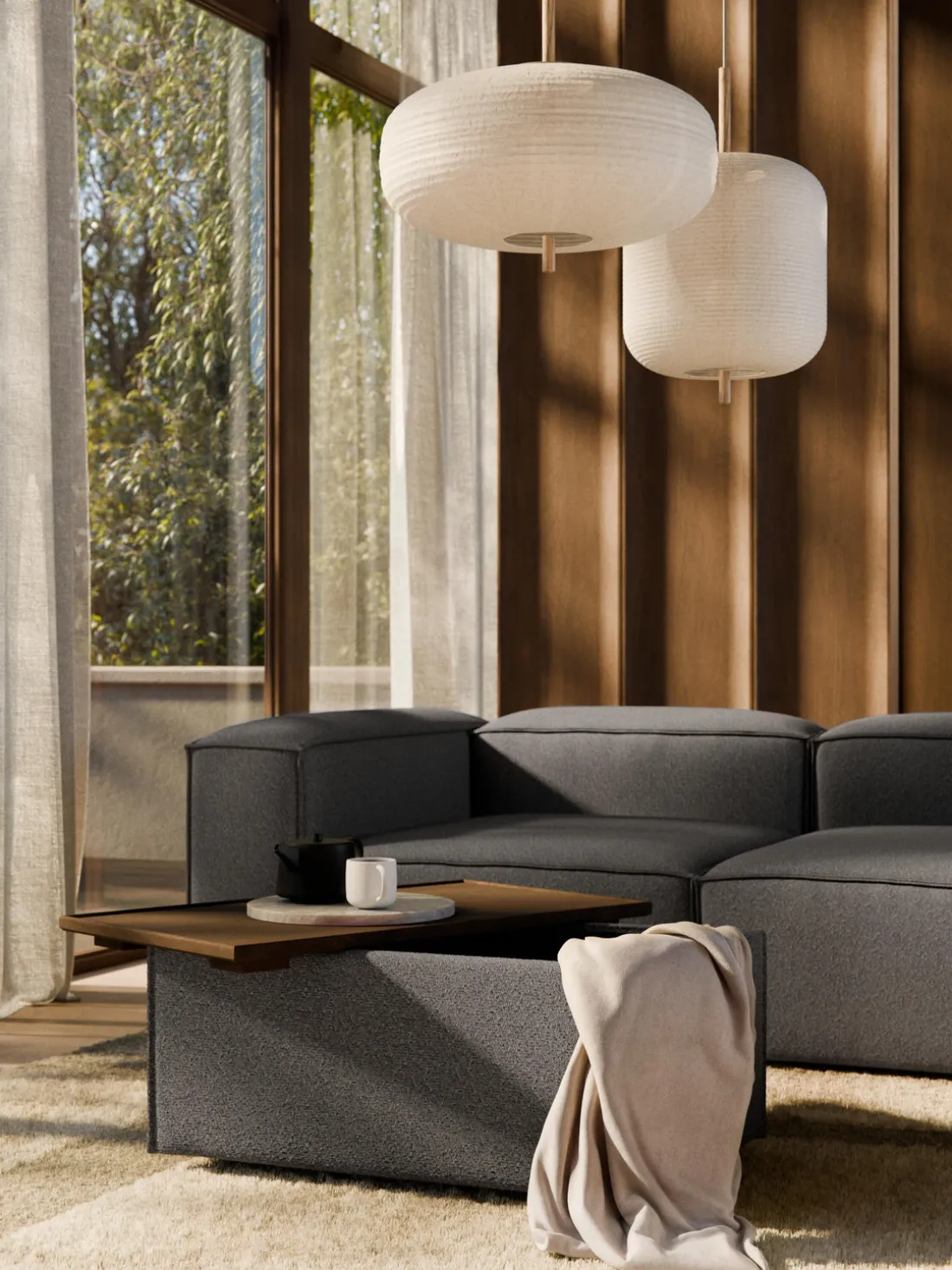 Reposapiés puf en tejido bouclé con espacio de almacenamiento Lennon