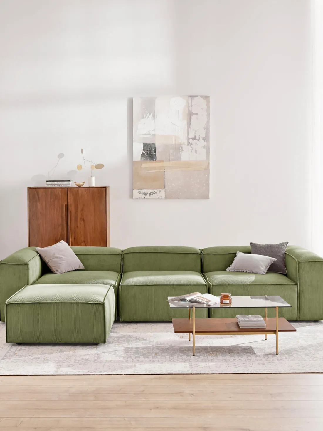 Sofá rinconera modular de pana con reposapiés izquierdo/derecho Lennon (4 plazas)