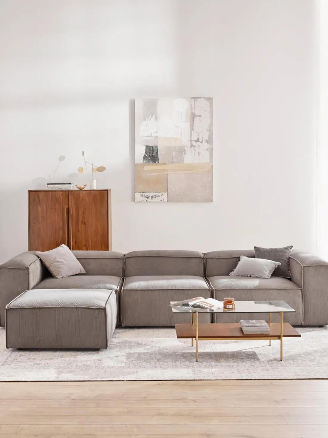 Sofá rinconera modular de pana con reposapiés izquierdo/derecho Lennon (4 plazas)