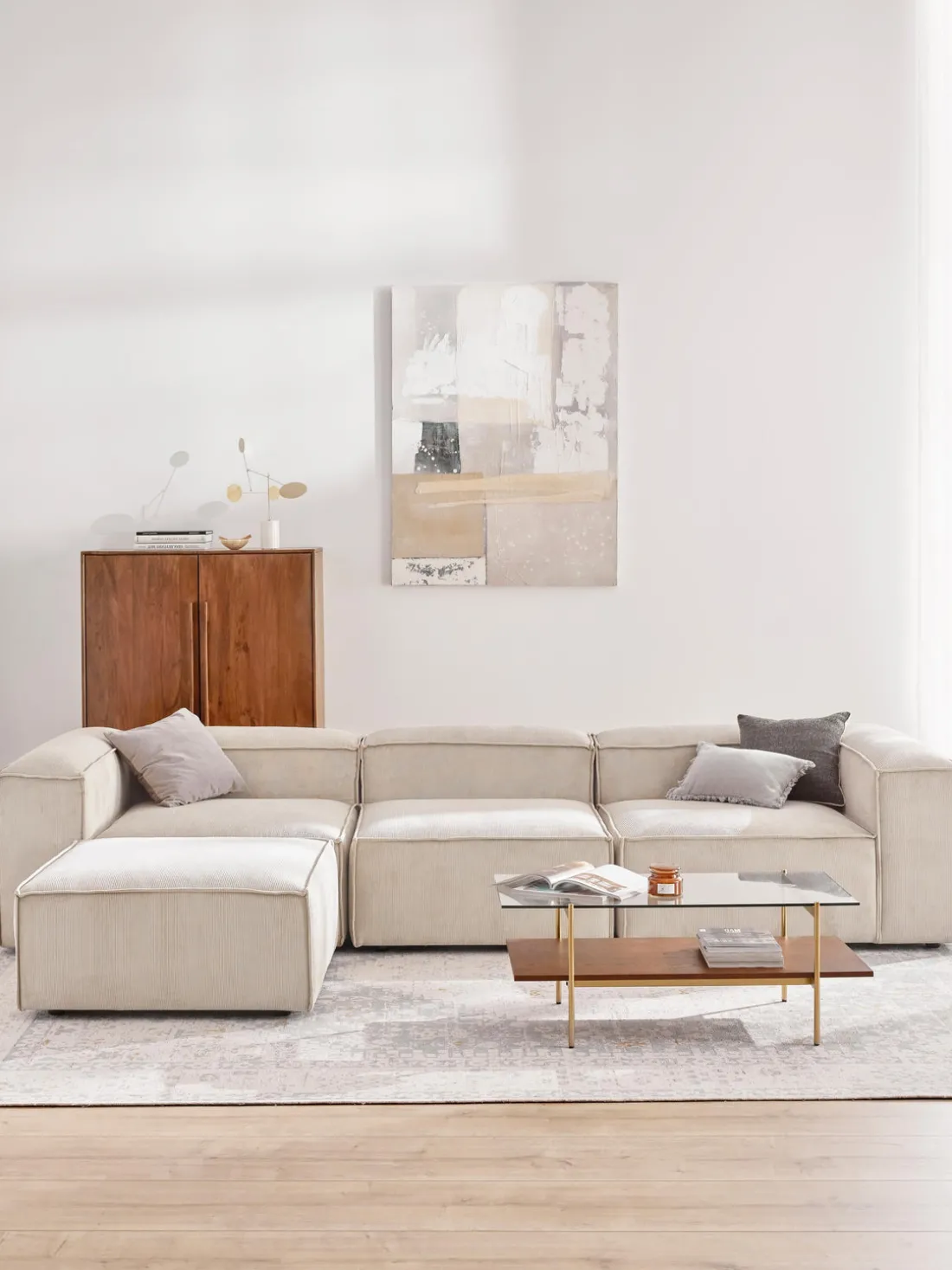 Sofá rinconera modular de pana con reposapiés izquierdo/derecho Lennon (4 plazas)